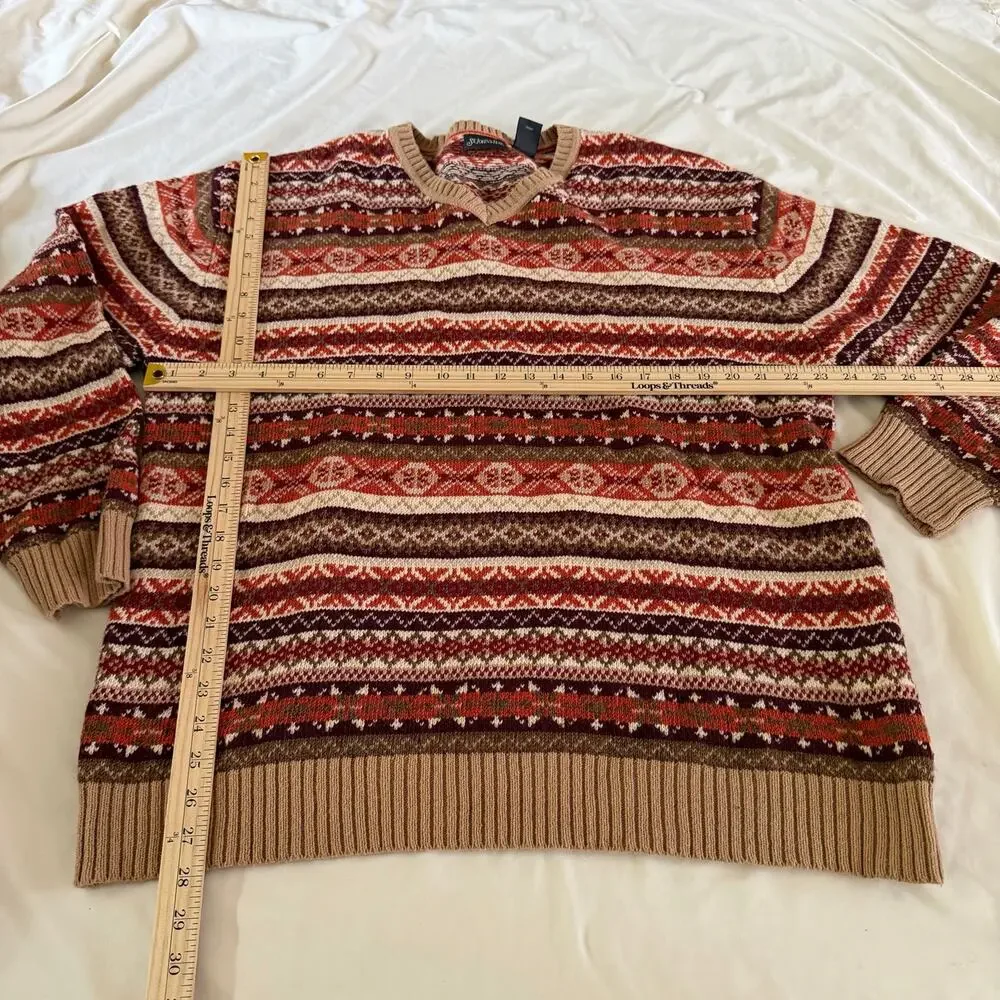 Vtg Y2K 2000s Orange Stipe Pullover Wool Sweater XL Nordic Fair Isle Knit